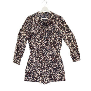 LOFT Romper Womens Size 4 Long Sleeve Elastic Waist Floral Cream Pockets Tie Nec